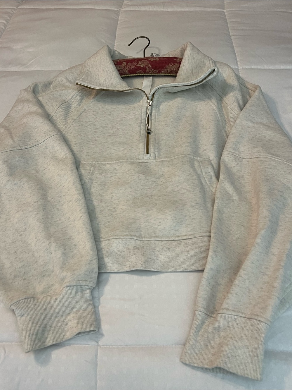 Heather Gray Half-Zip funnel neck Pullover Sweatshirt with zipper gold accents.
